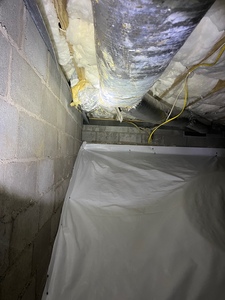 Finished with Insulation removed, floor system cleaned, new insulation installed, new vapor barrier installed with radon pipe below plastic.